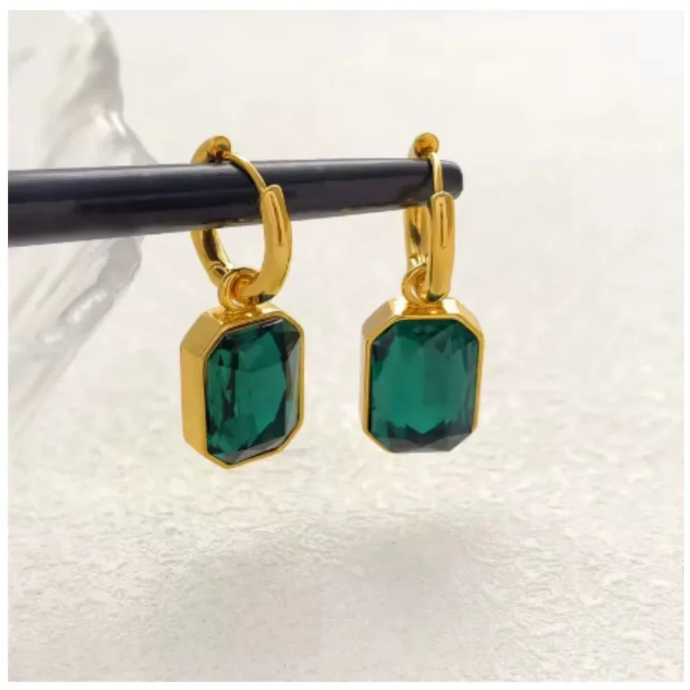 Gold Plated Square Hoop Dangle Earrings with Green Stones – Vintage Style